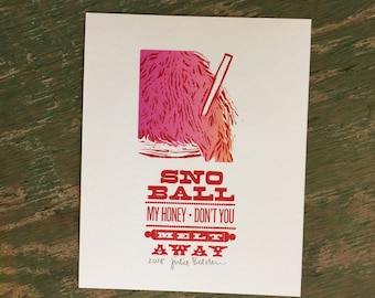 New Orleans Snoball print letterpress Louisiana art, Valentine Sweet treat Kitchen art Southern summer, love note ice cream restaurant decor