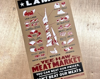 LAMB MEAT CUTS Poster, Hand Printed Letterpress Print, Leg of lamb Butcher shop Kitchen decor, Gifts for men chef, meat lovers, stew, market