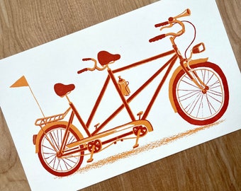 1 TANDEM BICYCLE hand printed letterpress PRINT, bike built for two, bicycle lovers, twin bike, vintage bicycle, two seater double the fun