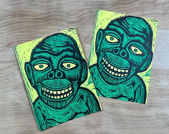 GRINNING GORILLA Woodcut Greeting Card by artist Sean STARWARS Hand Printed Letterpress, funny print, critter art, animal lovers carved wood