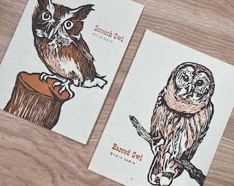 OWL cards, frame or mail SCREECH and BARRED 4 Pack letterpress lino cut notes, Feathered Friends bird watchers gift hand printed art