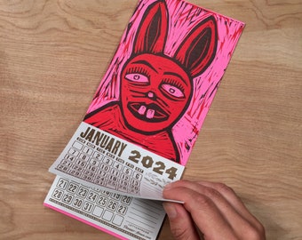 RABBIT CALENDAR 2024, Hand printed letterpress woodcut by Sean Starwars Funny bucktooth bunny, stocking stuffer, hot pink, Southern pet art