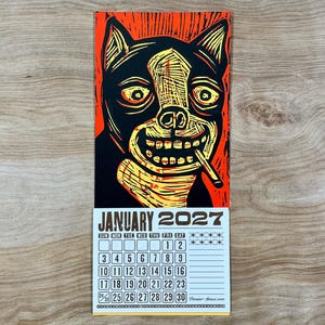 SMOKING DOG CALENDAR 2027 Hand Printed Letterpress, small woodcut, canine lovers gift, pet people, funny dogs, secret santa stocking stuffer bild 2