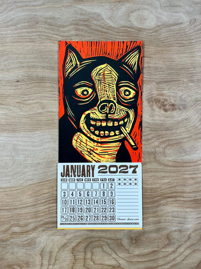 SMOKING DOG CALENDAR 2027 Hand Printed Letterpress, small woodcut, canine lovers gift, pet people, funny dogs, secret santa stocking stuffer bild 2