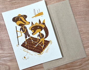 1 yellow RAFTING River BADGERS greeting card hand printed letterpress camping log raft floating fishing white water fun outdoors nature love
