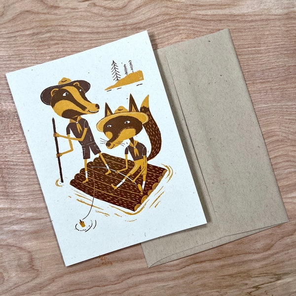 1 yellow RAFTING River BADGERS greeting card hand printed letterpress camping log raft floating fishing white water fun outdoors nature love