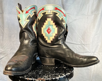 Peewee ROCKETBUSTER COWBOY BOOTS Handmade Black Chimayo Southwest Design with red turquoise leather inlay and cutouts and Arrows Men women