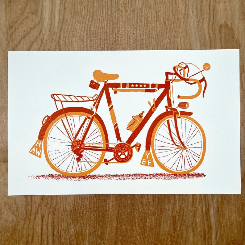 1 ROAD BICYCLE vintage style 10-speed hand printed letterpress illustration, bike lovers art, drop handlebars, mudflaps, yee haw, racer bike image 2