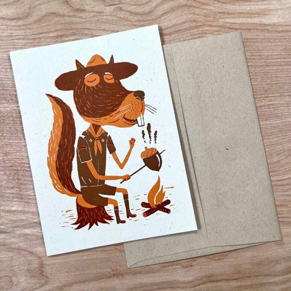 1 orange CAMPING SQUIRREL Roasting ACORN greeting card hand printed letterpress campfire scout outdoors nature buckteeth backpacking bjorn