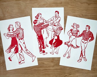 3 SQUARE DANCERS Card Prints in RED Ink hand printed letterpress, dancing wall art, square dance, folk dancing, dance cards gifts