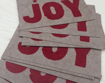 LOW Red JOY Mini Hand Printed Letterpress Cards - 20 pack gift tags enclosures for Christmas holidays decoration, season greetings, happy