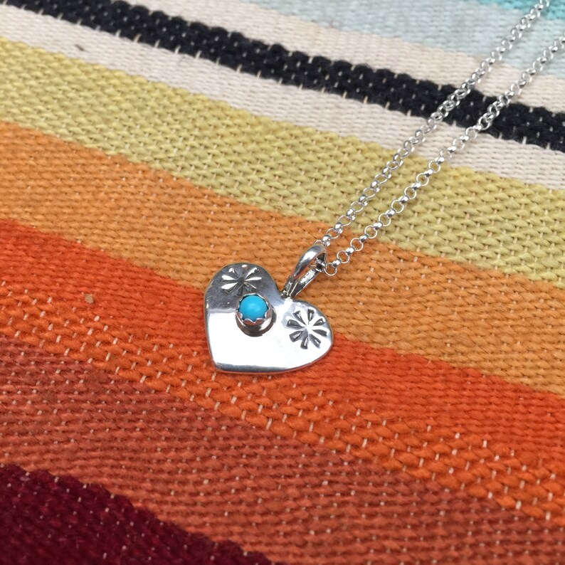 delicate valentine jewelry Native American Navajo TURQUOISE HEART PENDANT Sterling Silver Necklace signed sterling silver chain