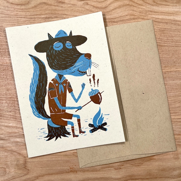 1 blue CAMPING SQUIRREL Roasting ACORN greeting card hand printed letterpress campfire scout outdoors nature buckteeth backpacking bjorn