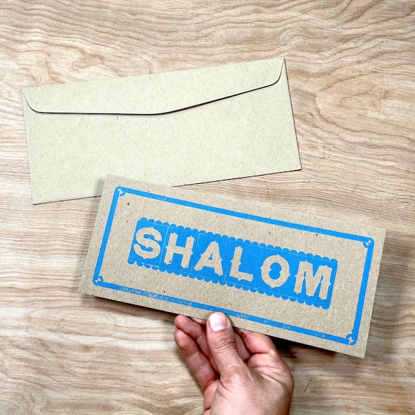 1 SHALOM GREETING CARD single Blue Ink, Hand printed Letterpress recycled card stock, jewish for peace, rustic feel contemporary, wood type