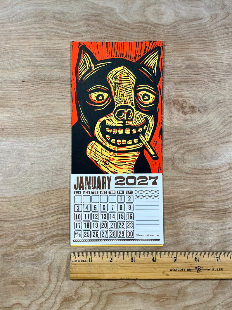 SMOKING DOG CALENDAR 2027 Hand Printed Letterpress, small woodcut, canine lovers gift, pet people, funny dogs, secret santa stocking stuffer bild 8