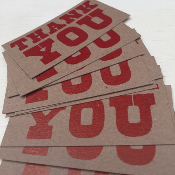RED THANK YOU Mini Cards Hand Printed Letterpress 20 pack - thanks gift enclosures, shower or party notes, tiny tags, bridal bag favor card