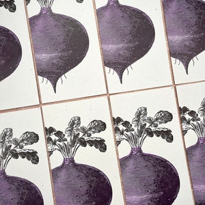 Set of 8 folded greeting cards of an antique beet engraving, printed in brown and purple inks on cream colored paper.