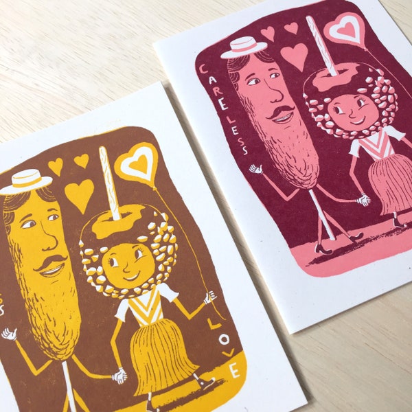 PAIR of CARELESS LOVE cards hand printed letterpress candy apple corn dog carnival art hand holding couple card yellow pink greeting sweet