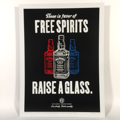 JACK DANIELS POSTER Free Spirits, Whiskey Bar decor, Kitchen art, Drinking shops poster, letterpress print, whiskey, distillery, Tennessee art