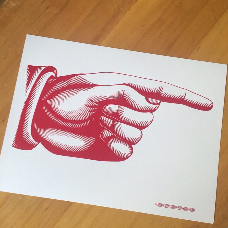 Giant POINTY FINGER Pointing RIGHT Hand Printed Letterpress Poster on Kraft cardstock image 1