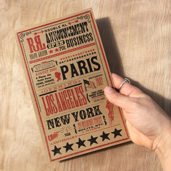 Ralph Lauren Double RL RRL Announcement Handmade Flyer Letterpress
