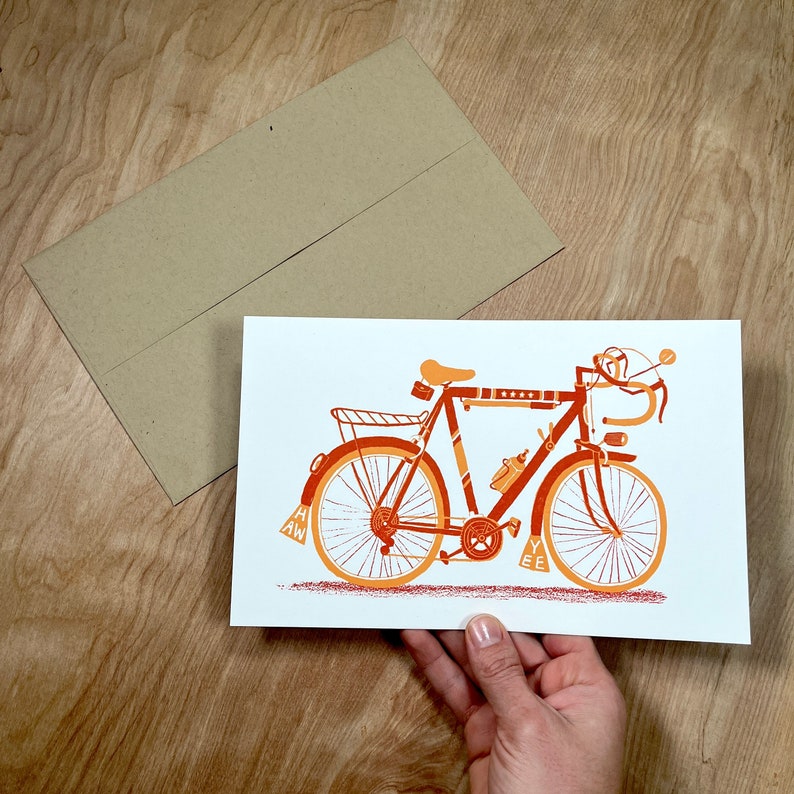 1 ROAD BICYCLE vintage style 10-speed hand printed letterpress illustration, bike lovers art, drop handlebars, mudflaps, yee haw, racer bike image 3