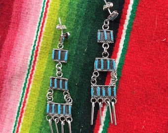 ZUNI TURQUOISE Earrings Silver Petite Point Needlepoint Native American 3 Tier Jewelry Gift for mom, elegant dangles boho southwestern