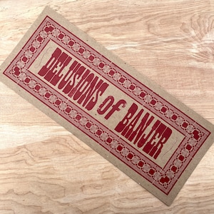 DELUSIONS of BANJER in RED Ink Hand Printed Letterpress Sign, banjo gifts, old time art print, room decor, bluegrass, music print, postcard