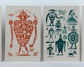 ROBOT ART, UFO print, letterpress decor, science fiction art, outer space prints, zombie art, greeting cards, scifi prints, robot gift,