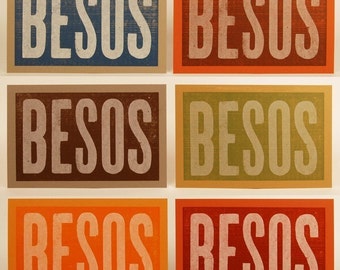4 BESOS Kisses Cards Letterpress Hand Printed oversized recycled paper kraft envelopes