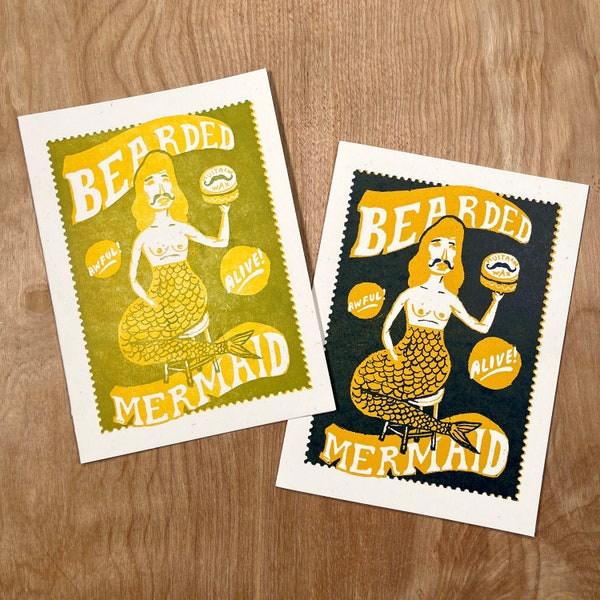 PAIR of BEARDED MERMAID carnival greeting cards hand printed letterpress sideshow art beard wax mustache aquatic funfair circus side act