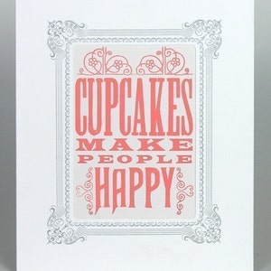 CUPCAKE ART, pink cupcakes, bakery sign, Cupcakes Make People Happy, letterpress Print, kitchen art, southern kitchen,cupcake art, pink gift