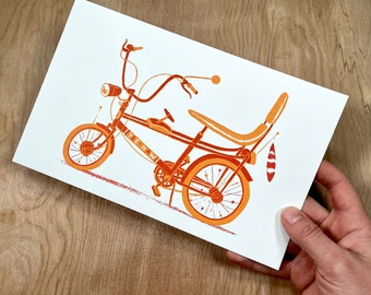 1 CHOPPER BICYCLE vintage style hand printed letterpress BIKE, bike lovers art, bike illustration, banana seat, hot rod shifter, rat bike