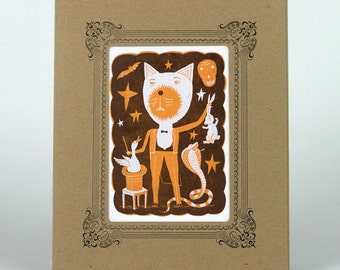 MAGIC Cat Letterpress Print in a Kraft Letterpress Vignette Mat