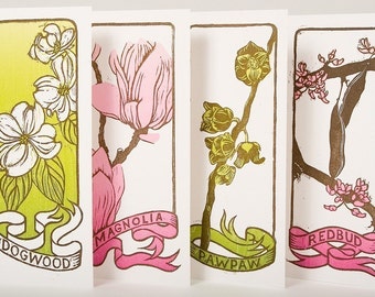 FLOWERING TREES linocut print cards Spring cards Hand printed letterpress cards Dogwood card Red bud tree Magnolia tree Paw paw tree card