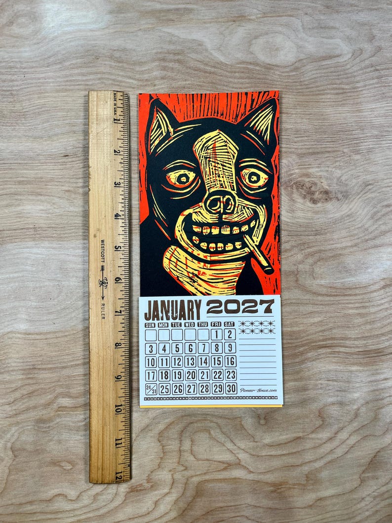 SMOKING DOG CALENDAR 2027 Hand Printed Letterpress, small woodcut, canine lovers gift, pet people, funny dogs, secret santa stocking stuffer bild 7