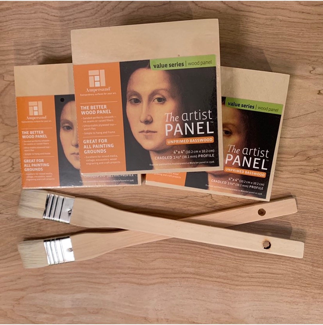 ART Set of 3 Panels and 2 Hake Brushes, Unprimed Wood Canvas 4x4 Inches