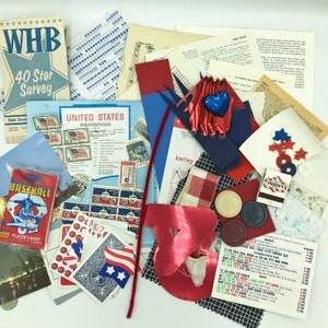 Vintage Red White and Blue Patriotic Ephemera Pack , Assorted papers and stamps can be used in junk journals, scrap-booking, mixed media image 1