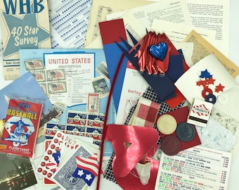 Vintage Red White and Blue Patriotic Ephemera Pack , Assorted papers  and stamps  can be used in junk journals, scrap-booking, mixed media
