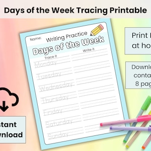 Hojas de seguimiento de los días de la semana para niños para imprimir / Práctica de escritura a mano / Página de seguimiento para niños / Recursos para maestros de jardín de infantes y preescolar / PDF