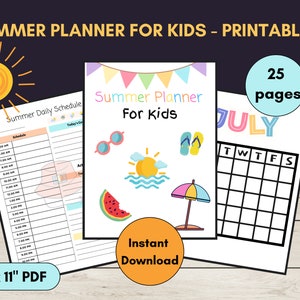 PRINTABLE SUMMER 2025 Planner Bundle for Kids | Summer Calendar | Summer Checklist | Summer Chore Chart | Reading Log | Summer Activity Plan