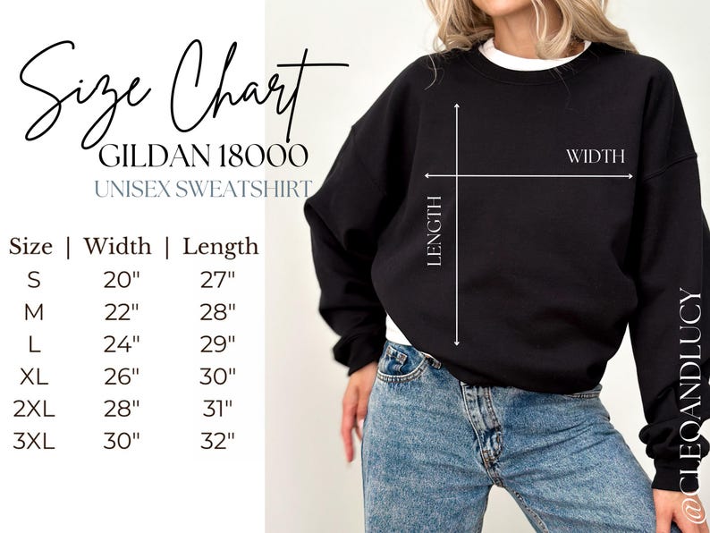 May include: Size chart for a Gildan 18000 unisex sweatshirt. The chart shows the width and length measurements in inches for sizes S, M, L, XL, 2XL, and 3XL.