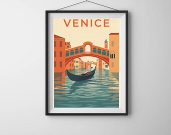 May include: A framed art print featuring a stylized illustration of Venice. The image showcases the Rialto Bridge in orange, a gondola, and buildings in shades of orange and yellow. The word "VENICE" is printed at the top in orange.
