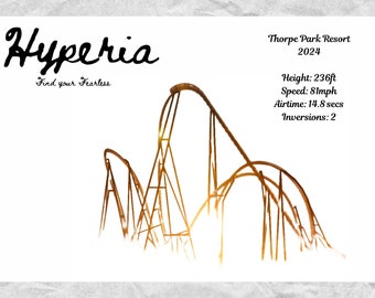 Hyperia Thorpe Park wall art/poster coaster outline and layout displayed with ride info