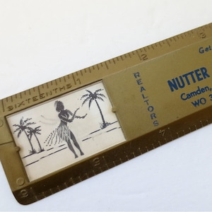 Lenticular Hula Dancer - on 6 Inch Ruler - Nutter Mortgage Co - Vintage 1950s - Fabulous;ous Measuring Device - Non Metric