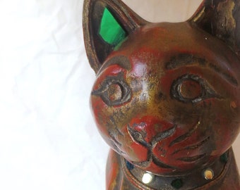 Unique Vintage Wooden Cat Figurine Carving from Thailand 9" 