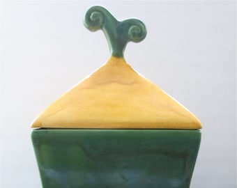 Ceramic Covered Box - Vintage 1988 - Ochre and Moss Green Whimsical Canister