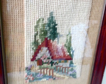 Cottage Garden Needlepoint - Small Hand-Sewn Wool Thread on Canvas - Framed under Glass - Circa 1930s