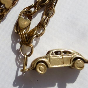 Vintage 14K Volkswagen Beetle Charm  14K Gold Moving Wheels on 12K GF Heart Bracelet  Vintage 1969