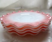 Pink Crinoline Hazel Atlas Saucers - 4 Milk Glass and Pink Ruffled - Vintage Glassware - Mid Century Kitchen Kitsch